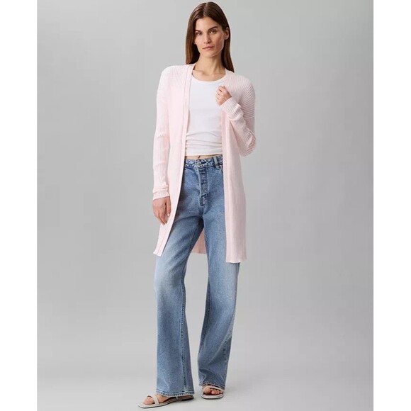 Calvin Klein Women's Cotton Ribbed Open-Front Duster Cardigan Sweater Pearl XS - Picture 1 of 6